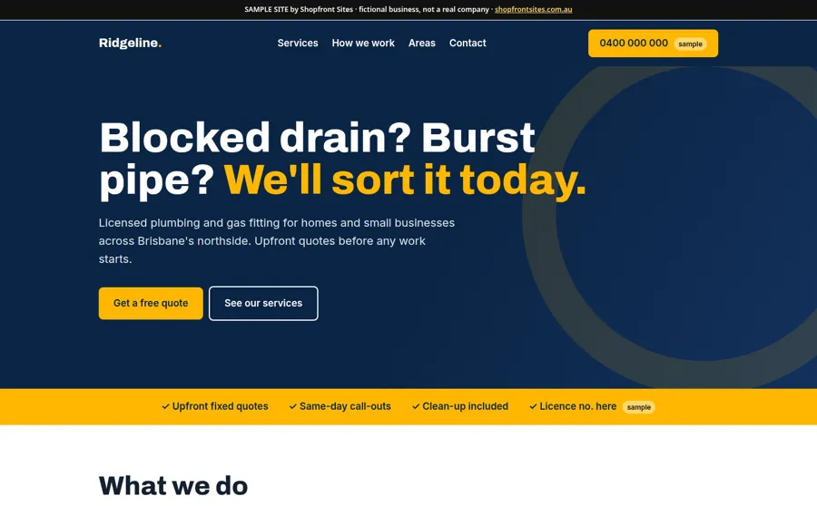 Sample site: Ridgeline Plumbing & Gas (fictional business)